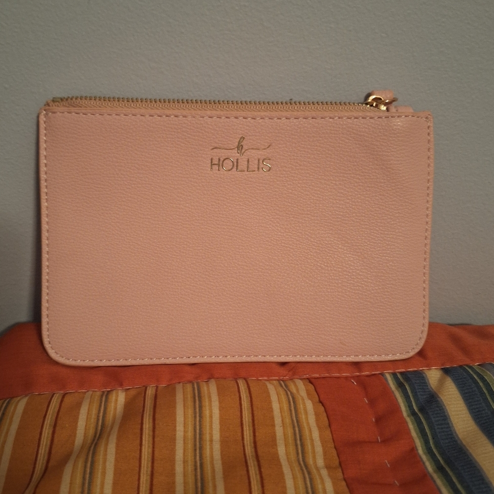 Hollis Blush Pink Pebbled Leather Zip Pouch Clutch 7"×4.5"